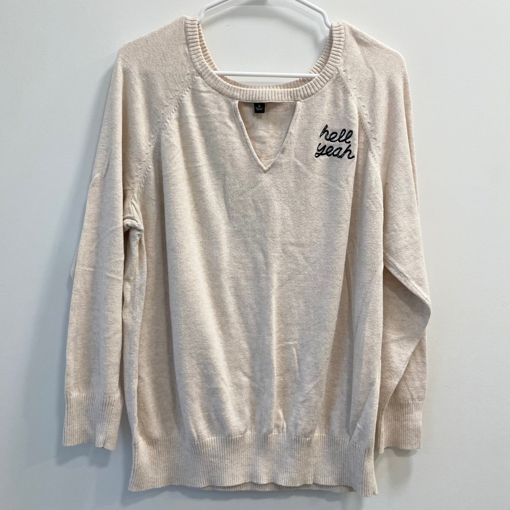 Torrid Sweater Womens 2 Cream Hell Yeah Keyhole V-Neck Cotton Raglan Pullover